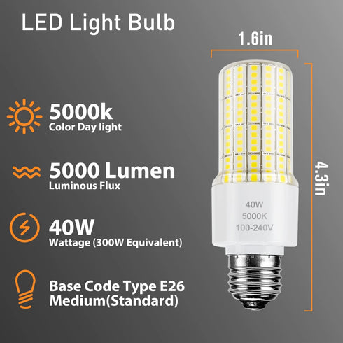 ZP A19 Led Light Bulb 300W Equivalent 40W Bulbs 5000 Lumen 5000K Cool Daylight White E26/E27 Base Waterproof Lighting for Outdoor Indoor Garage Warehouse Corn Green, 2 Count (Pack of 1) by ZP