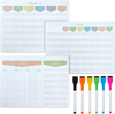 Okuna Outpost Magnetic Dry Erase Board, 12 x 9 in, Weekly Planner with 6 Magnetic Pens for Kitchen, Students