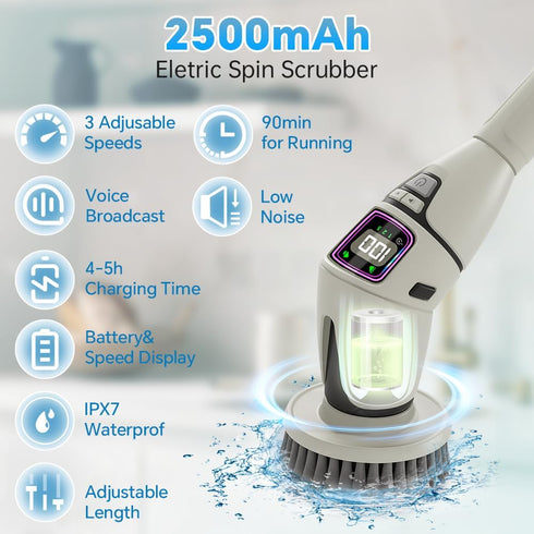 10-in-1 Electric Spin Scrubber for Cleaning, Voice Broadcast Rechargeable Power Scrubber, Aquarium Cleaner, Cordless