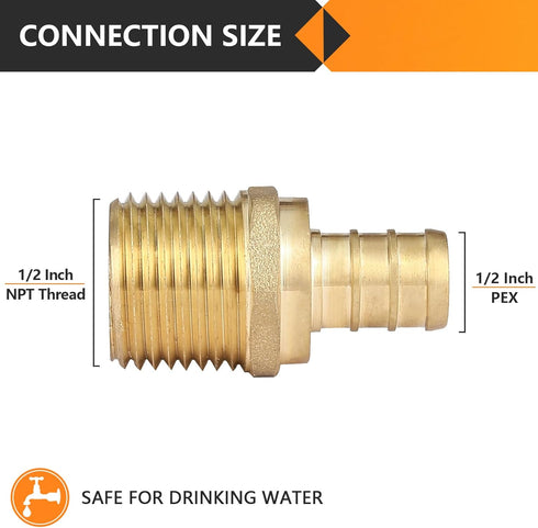 10-Pack PEX Fittings, 1/2" PEX x 1/2" Male NPT, 1/2 Inch Pex Male Adapter, Brass Crimp Fitting for Pex Pipes, ASTM F1807