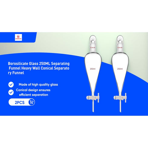 2pcs Borosilicate Glass 250ML Separating Funnel, Heavy Wall Conical with 24/40 Joints and PTFE Stopcock