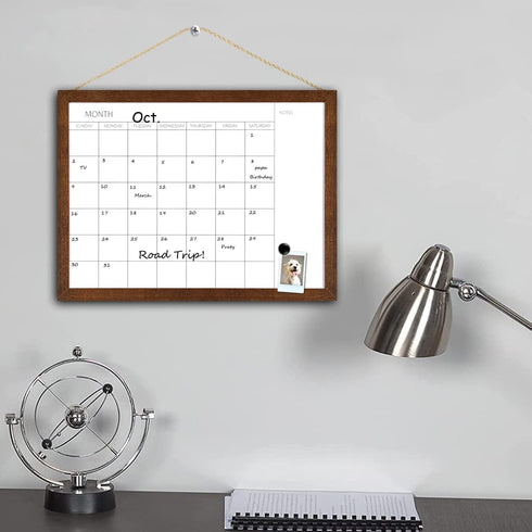 TORASO Dry Erase Monthly Calendar Board, Solid Wood Frame Magnetic Whiteboard for Wall, 12"x 16" Walnut Brown