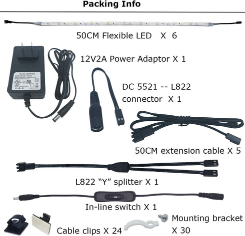6 20 Inches 24W, 1800 2700K. Counters Closet Workshop-(6-Strip-2700K) Litever Under Cabinet Lighting Kit, PCS Flexible