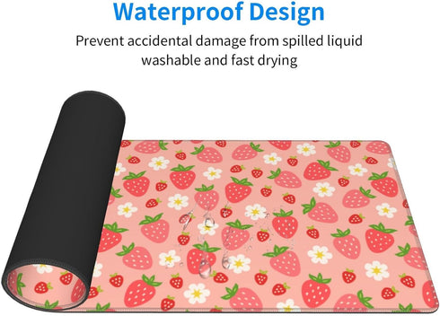 Pink Strawberry and White Flower Gaming Mouse Pad, Extended Large 31.5 x 11.8 Inch