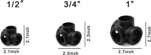 TZH 10-Pack 1" Black 4-Way Side Outlet Tee, Malleable Iron Pipe Fitting for Industrial Pipe, Furniture, DIY Decoration