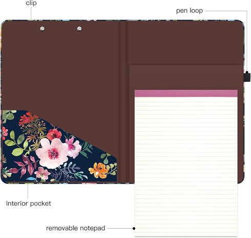 Hongri Clipboard Folio with Refillable Notepad & Storage Pocket, Cute Spring Flower Pattern, 12.8" x 9.2"
