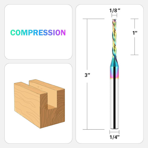 BINSTAK 1/4 inch 1/8 inch 3 inch Compression Spiral Router Bit Shank, Cutting Diameter, Extra Long Solid Carbide