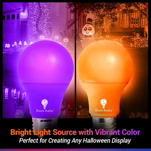 4 Pack LED Light Bulbs: A19 Purple & Orange 9W (60W Replacement) E26 Base for Home, Party, Halloween Lighting