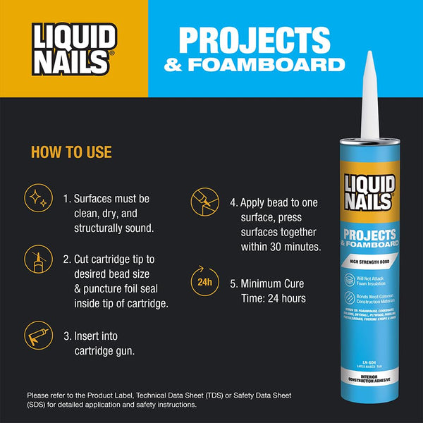 Liquid Nails Latex Projects Adhesive, 10 oz, Off-White for Interior Projects and Foamboard