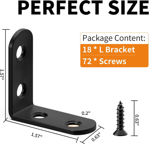 FATLODA 18PCS 72PCS (1.57x1.57 L Bracket Corner Bracket, Stainless Steel L Brackets for Shelves, Black Small Right