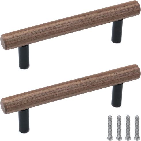 2Pcs 3.8"/96mm) Walnut Solid Wood Pulls Handles Aluminum Alloy Black Base Kitchen Wardrobe Cabinet Hardware Pull Handle