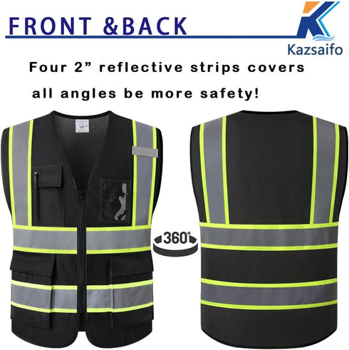Reflective Safety Vest | High Visibility Mesh Vest with 5 Pockets & Zipper Front - Meets ANSI/ISEA Standards