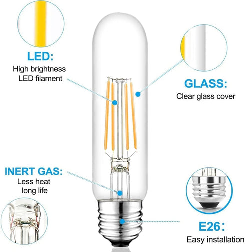 5 Inch Bulb, 5000K E26 Bulb 6W Dimmable, 800LM T10 T9 Bulbs, 120V 80 Bulbs 4Pack Edison Daylight White Led Clear Glass