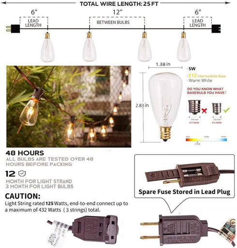25FT Bulb 27 Bulbs, ST35 E12 SUNSGNE Outdoor Edison String Lights with Clear Edison Vintage String Lights for Patio