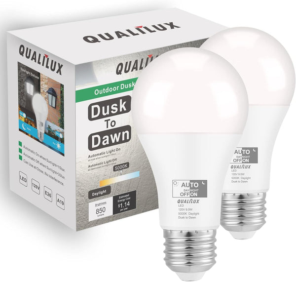 Dusk to Dawn Light Bulbs, 60W Equivalent, Daylight LED 9.5W, A19, 2-Pack, HQ-H011