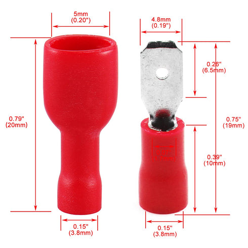 Baomain 0.187" Female & Male Spade Connectors, 22-16 AWG Fully Insulated Crimp Terminals, Red (200-Pack)