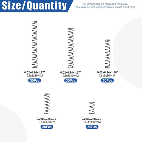 Glarks 150Pcs Compression Springs Assortment Kit, 5 Size Mini Stainless Steel Springs for Home Repair Project, 0.5x6mm OD, 10mm-50mm Length