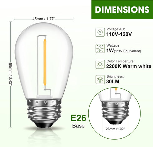 15 Pack Dimmable LED S14 Replacement Light Bulbs, 1W Vintage Edison, E26 Base, 2200K Warm White