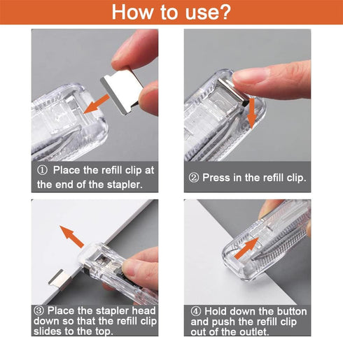 Push Stapler, Binder Clips Paper Clamps Desktop Stapler with 50pcs Reusable Stainless Steel Refill Clips