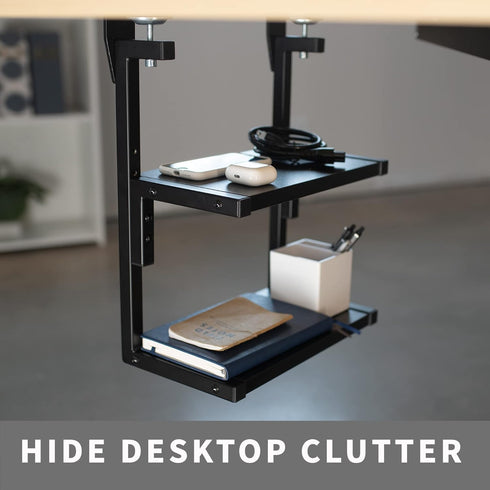 VIVO Clamp-on 2-Tier Shelving Unit, 13 Inch Above or Below Desk for Table Accessories, Gaming Devices, Black,