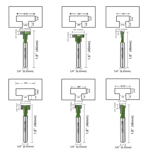 6Pcs Set, 1/4" Set -1/4 5/16 3/8 9/16 1/2 5/8 inch Set BAYTORY Keyhole Router Bits Shank Router Keyhole Bit & & &