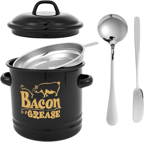Generic Bacon Grease Saver with Strainer & Lid Rustic Farmhouse Fat Container, Includes Spatula and Spoon, Large