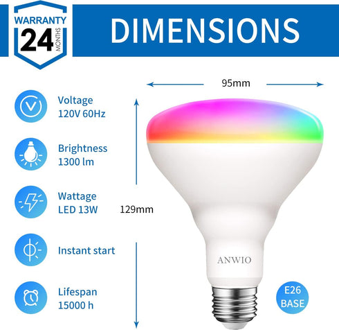 ANWIO Smart Light Bulb BR30 RGB Color Changing LED, WiFi Dimmable Multicolor E26 Base, 1300 Lumen 2 Pack