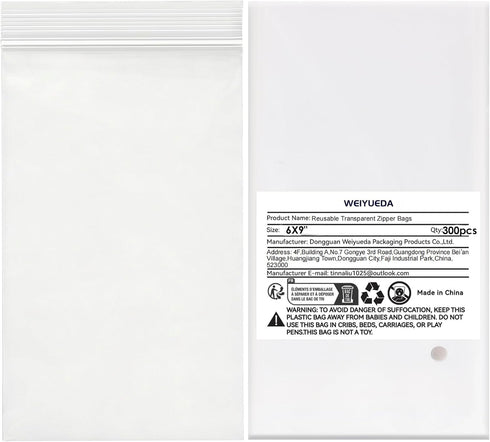 WEIYUEDA 6X9IN 300 Counts 3.94Mil packaging Clear Resealable Ziplock Plastic Bags, Double-Sided Thickened Plastic