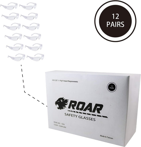 ROAR Men's Flexible Safety Glasses, Clear, 12 Pairs Per Box, ANSI Z87+ Certified, Impact Resistant