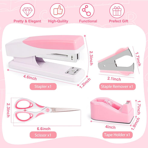 Pink Office Supplies, Pink Desk Accessories for Women, Cute Stapler and Tape Dispenser Set- Staple Remover, Clips, Staples, Scissor, Knife, Ruler, Tabs, Gift for Coworkers, Students by Benjojo