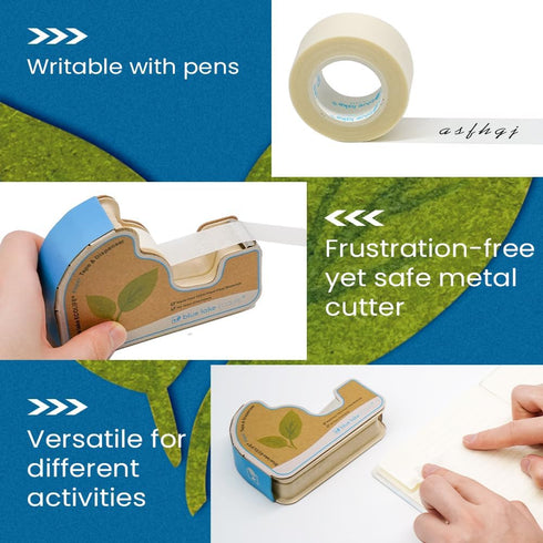 Blue Lake ECOLIFE Plastic Free Masking Tape Dispenser, 4 Rolls 3/4 in x 550 in Paper Tape, Desk for Labeling, Office