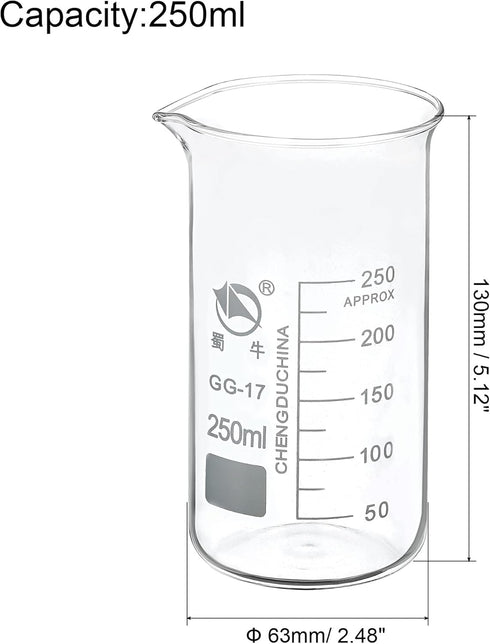 PATIKIL 250ml Tall Form Glass Beaker, 2 Pack 3.3 Borosilicate Glass Graduated Printed Scale Measuring Cups with Spout for Kitchen Lab Liquids Transit Boiling