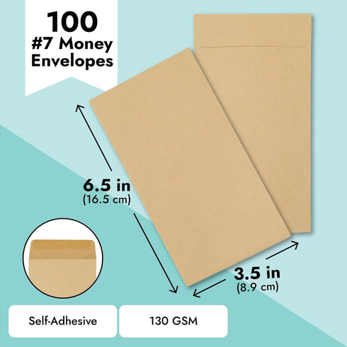 Juvale 100-Pack Brown #7 Small Money Envelopes, 3.5 x 6.5 Inches for Budgeting and Money Saving Challenges