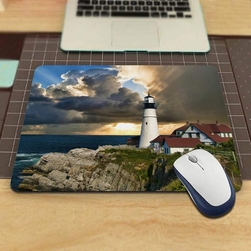 Gaming Mouse Pad, Portland Head Lighthouse Maine Sun Rays, Non-Slip Rubber for Computers, 9.5 x 7.9 Inch