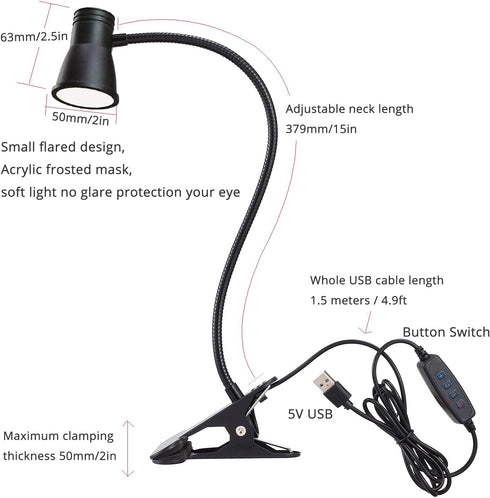 3W 5V USB Portable LED Clip Desk Lamp, 3 Colors Changeable, Adjustable 15" Arm for Reading