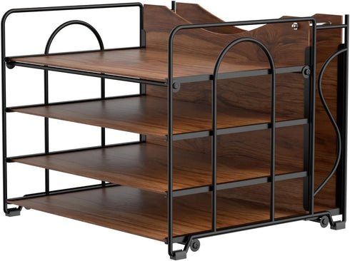 Black Desk File Organizer, 4-Tier Wood Organizers with 5 A4 File Folders, Letter Size for Office, School, Home