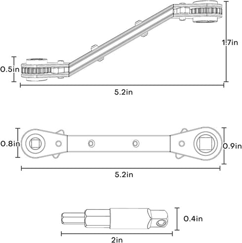 HVAC Service Wrench - Refrigeration Ratcheting Curved Wrench 3/8 1/4 5/16'' 3/16'' with Hex Bit Adapter