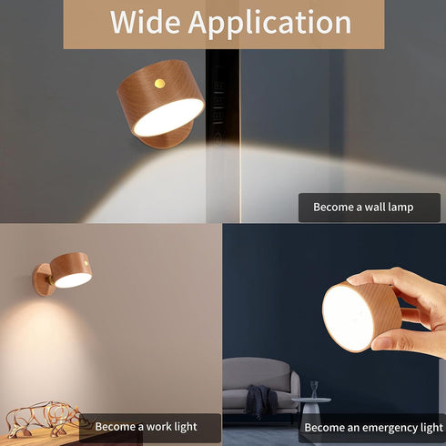 1-Pack 360 Dimmable LANDGOO Wood Wall Sconce, Beech Wood Magnetic Rotatable Cordless Bedside Lamp, Rechargeable & LED