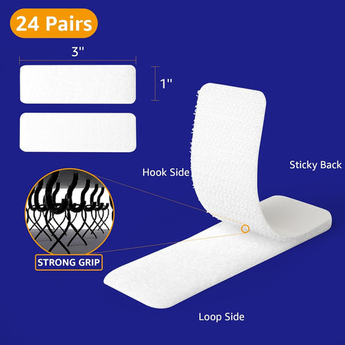 Hook & Loop Strips with Adhesive, 1 x 3 inch 24 Sets, Heavy Duty Sticky Back Fasten Strips for Home Use