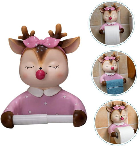 Ciieeo Wall-Mounted Toilet Paper Holder Cartoon Deer Tissue Rack Creative Bathroom Storage Rack No Drilling Pink Cute