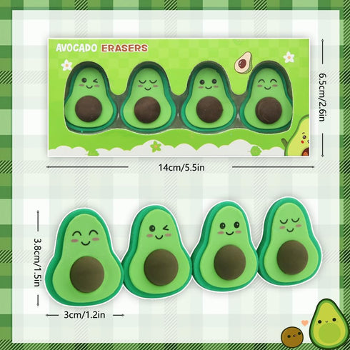 Avocado Erasers, 3D Mini Fruit Erasers, 4Pcs Cute Pencil Erasers for Kids and School Supplies