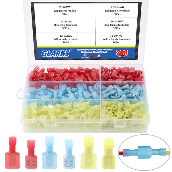 Glarks 300pcs 22-16 16-14 12-10 Gauge Nylon Fully Insulated Male/Female Spade Quick Splice Terminals Kit