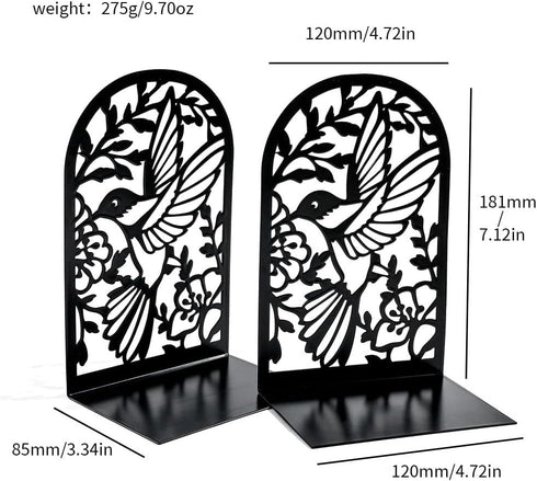 NDEMl Hummingbird Black Silhouette bookend, Creative Metal Hollow Bookstand, Bookshelf Folder for Desktop Study Storage