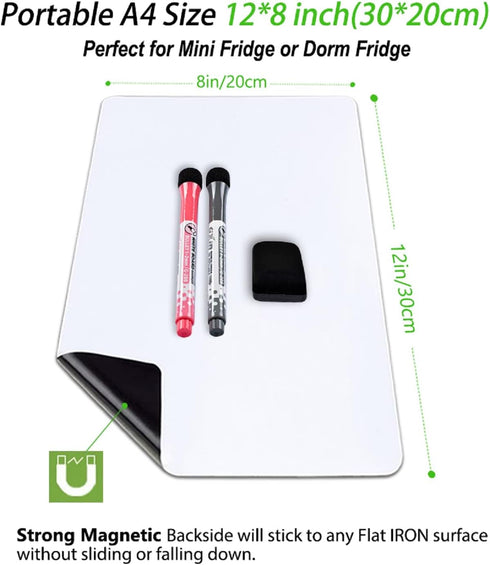 Magnetic Dry Erase Board Fridge Sheet 12 x 8", Flexible Small White Board for Home Kitchen Shopping List