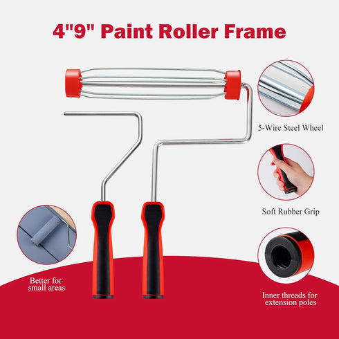 20-Piece 9" 3-Ft Set Mister Rui Paint Roller Kit with Extension Pole, Tray, Liners, Frames, Covers, Brushes, Tape