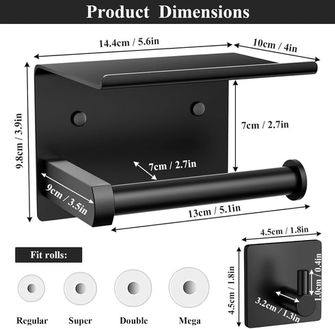 Tindbea Toilet Paper Holder Wall Mount + Towel Robe Hooks, Adhesive or Screw Wall Mounted Toilet Paper Roll Holder