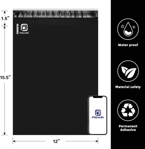 POLYSELLS 500 pcs Black Poly Mailers - 12x15.5 Inches Shipping Envelopes, Waterproof and Tear-resistant
