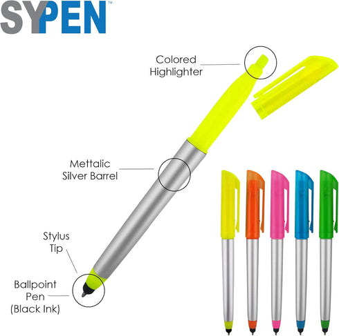 Stylus Ballpoint Pen with Highlighter Tips, 3 in 1 Combo Stylus for Touchscreens, Pack of 5
