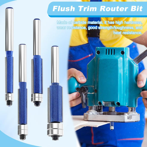 4Pcs 1/4 Inch Set, 1/4", 5/16", 3/8", 1/2" HONUTIGE Top Bearing Flush Trim Router Bits, Shank, Professional Straight