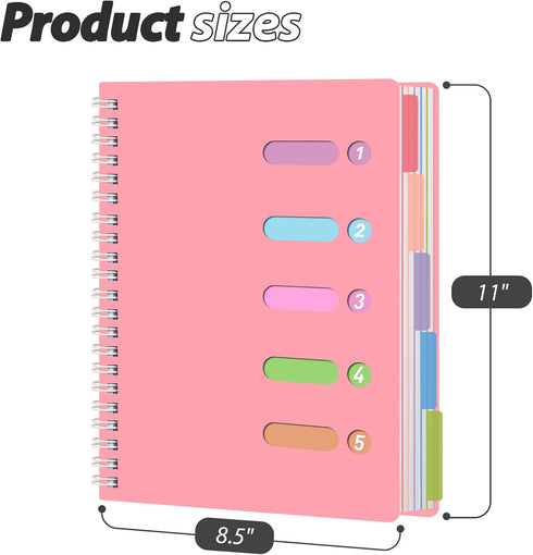 College Ruled Notebook A4, Pink Spiral Notebook with Dividers Hardcover Notebook 5 Subject for School Note Taking Office by HEYPLACE
